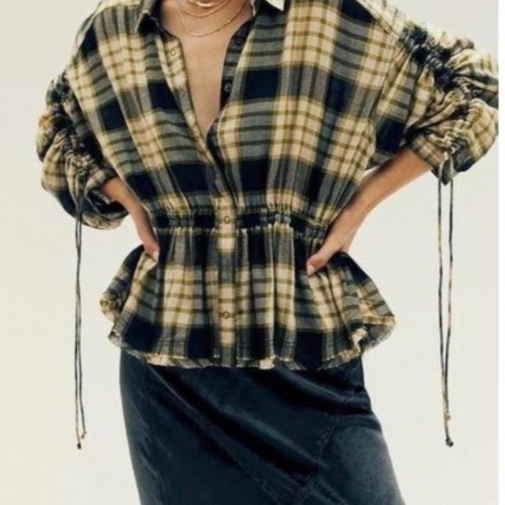 Free People Plaid Ruched Top XS Black Green Raw Hem Boho Grunge Cottagecore